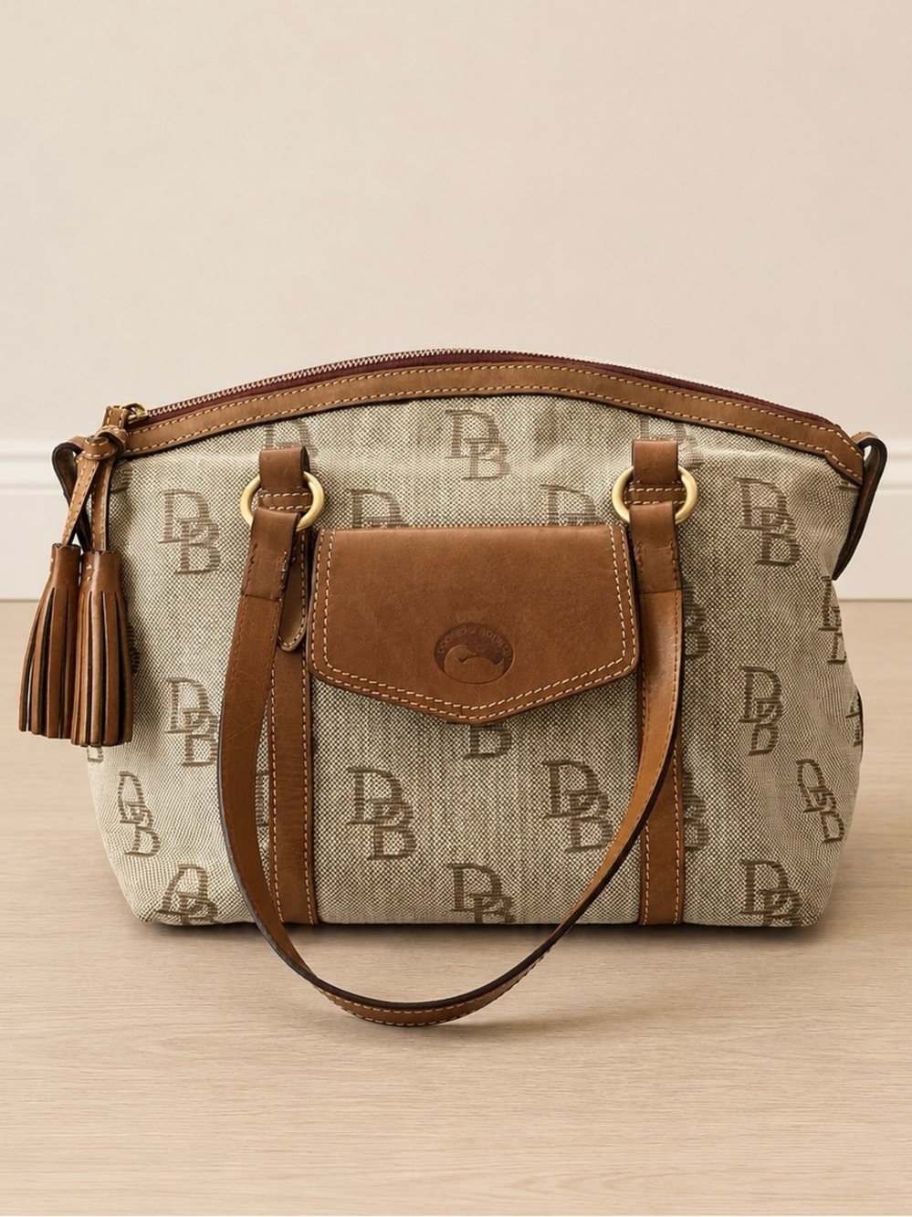 Dooney & Bourke DB Signature Canvas Satchel Brown Leather Tassel Red Lining